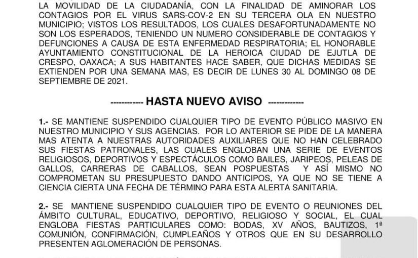 Ayuntamiento de Ejutla de Crespo extiende medidas contra Covid-19